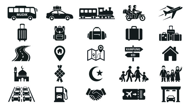 Mudik Tradition and Eid Holiday Travel Transportation Solid Icon Set