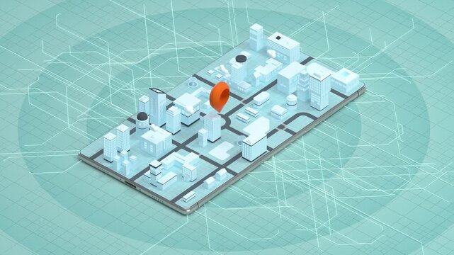 Isometric smartphone map with 3d city buildings and orange location pin animation for navigation technology and urban planning.