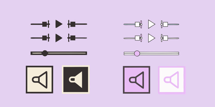 Black and white audio controls and volume icons on a lilac background