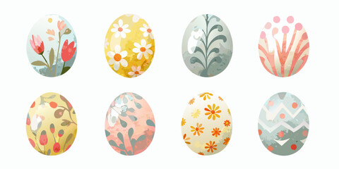 Obraz premium A collection of eight watercolor style easter eggs with floral patterns