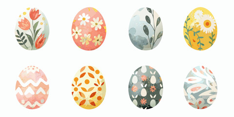Fototapeta premium A collection of eight watercolor painted easter eggs with floral designs
