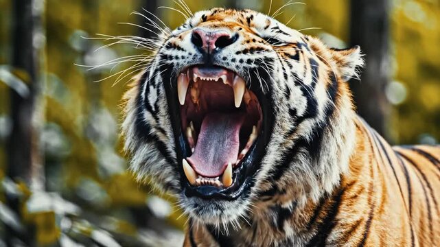 Tiger with open mouth showing teeth for commercial backgrounds, digital design, and advertising