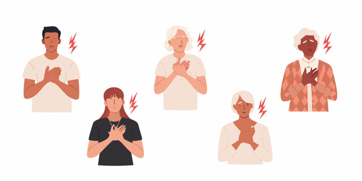 Diverse people experiencing heart attack or chest pain with lightning bolts