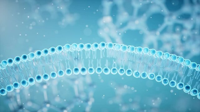 Close up view of bilayer cell membrane with phospholipids in motion with light particles flowing around.