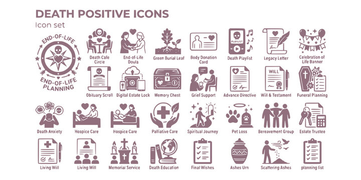 Death Positive End Of Life Icon Set Death Cafe Doula Green Burial Body Donation Legacy Letter Celebration Of Life Obituary Digital Estate Memory Chest Vector Illustration