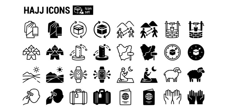 Hajj Umrah Pilgrimage Icon Set Ihram Tawaf Circuit Sai Walk Zamzam Water Mina Tent Jamarat Stoning Miqat Qibla Compass Arafat Electronic Hajj Bracelet Vector
