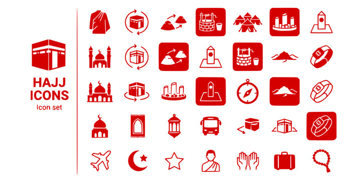 Hajj Umrah Pilgrimage Icon Set Ihram Tawaf Circuit Sai Walk Zamzam Water Mina Tent Jamarat Stoning Miqat Qibla Compass Arafat Electronic Hajj Bracelet Vector