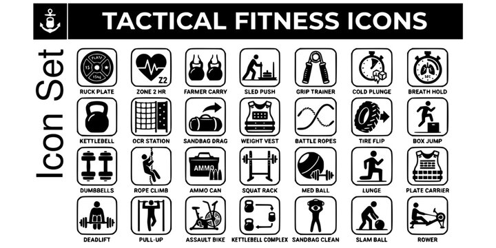 Tactical Fitness Icon Set Ruck Plate Zone 2 Heart Rate Farmer Carry Sled Push Grip Trainer Cold Plunge Timer Breath Hold Kettlebell OCR Station Sandbag Drag Vector
