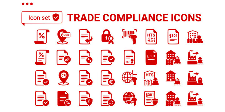 Trade Compliance Icon Set Tariff Rate Schedule Country Of Origin Duty Drawback Customs Bond HTS Code Section 301 Bonded Warehouse Nearshore Factory Vector