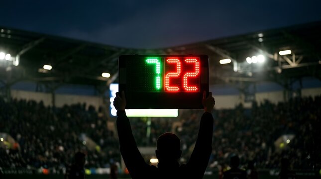 Silhouette of a soccer official holding an electronic substitution board showing green number 7 and red number 22 during a professional football match in a stadium at night.