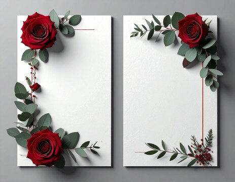 Vertical Valentine's Day Card Templates in a 1x2 Grid with Dense Red Roses and Eucalyptus Borders, Fully Filled Frames with Blank Maximized Copy Space, Extreme Close-up