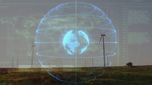 Holographic globe pulsing and rotating after activation, rings forming, visualizing wind farm data