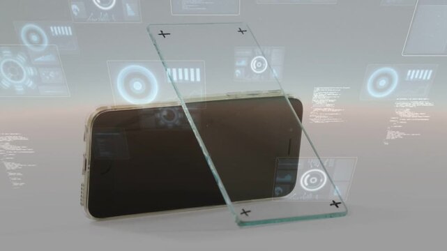 On startup glass panel sliding in front of smartphone, HUDs and code appearing, showcasing tech UI