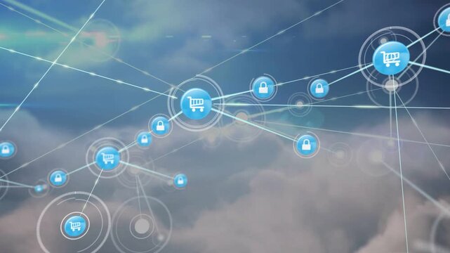 Digital mesh blue cart and padlock nodes expanding across sky after faint target, securing shopping