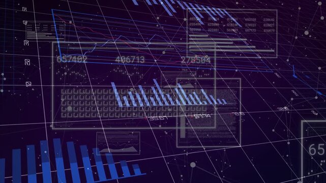 Animating 3D clear UI panels sliding across purple grid, updating bars, donuts, line chart, labels