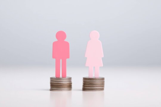 Gender symbols on stacks of coins representing wage gap inequality, financial disparity and economic difference between man and woman concepts in business and society.