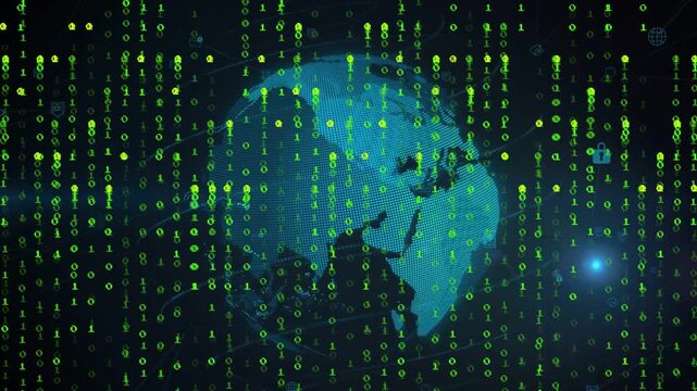 Pullback revealing globe rotating with binary rain and icons forming, showing tech network
