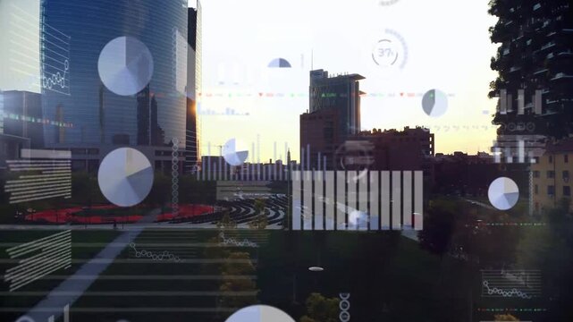 Sun glare rising, city skyline and plaza revealing while HUD animating charts showing tech metrics