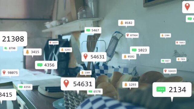 Single badge appearing over rolls spawning badges clustering over coffee in kitchen showing orders