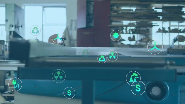 First green plug icon appearing blue conveyor moving icons rising centering fading showing eco flow