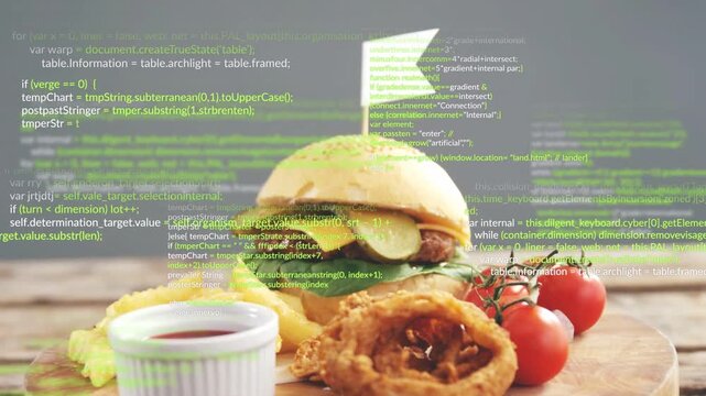 Plated burger resting on wooden board, frames causing code overlay covering sides faintly for tech