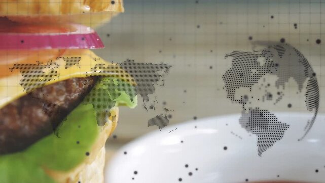 Saucer sitting right while burger entering left, layers appearing, zooming in for food marketing
