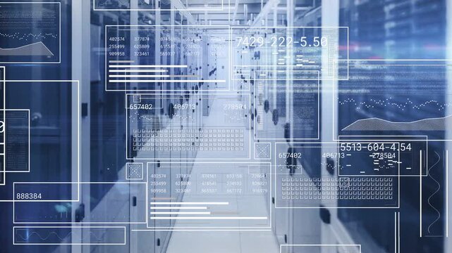 Server aisle initiating scan layering HUD showing numeric readouts and circular dial for monitoring