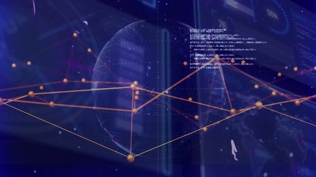 Visualization initializing, holographic globe rotating in tech, gold mesh mapping data insights