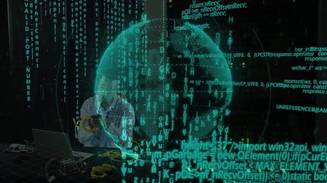 Technician lifting cable, using laptop, turquoise globe rotating and code growing, showing network