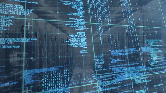 Animated blue code overlay shifting after scan, camera panning revealing server racks