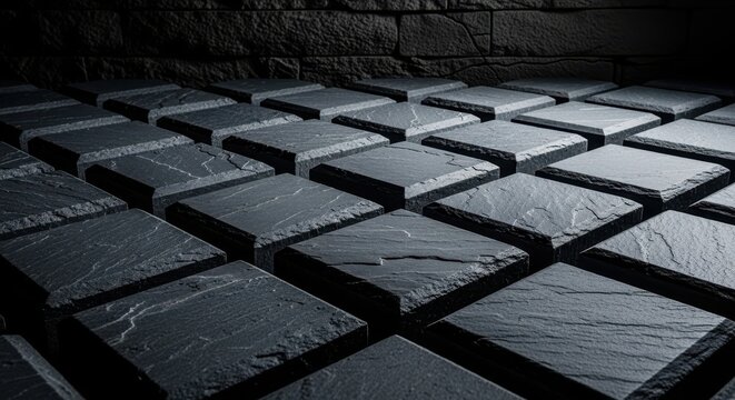 Close-up view of interlocking slate grey rhomboid paving stones forming a textured surface with a dark stone wall background.