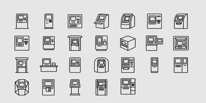 icon set collection of automated teller machines and electronic banking kiosks featuring various designs for financial transactions, cash withdrawals, and digital banking services.