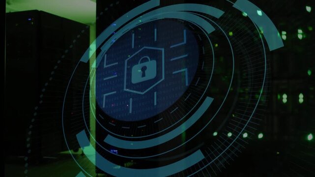 Server racks sitting in dim datacenter aisle, security HUD appearing, expanding, revealing padlock