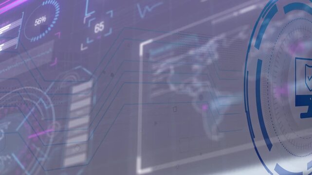 Reveal starting from world map on glass, HUD emerging, lines extending, gauges updating, security