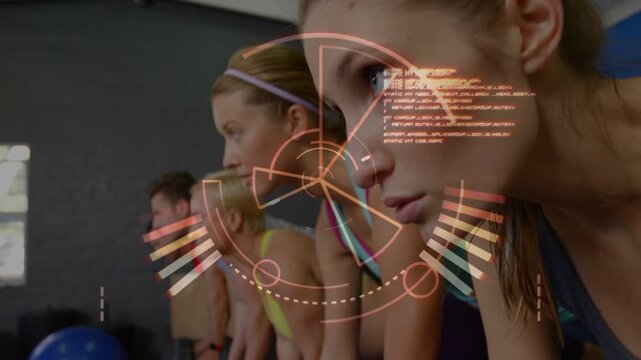 Front woman holding posture, HUD fading and rotating, camera tightening to show fitness metrics