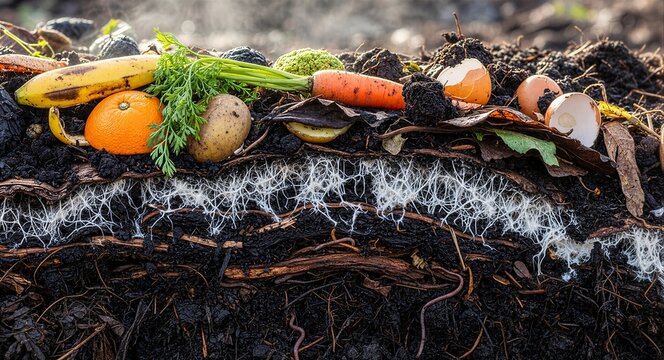 A pile of compost with various organic materials and white mycelium