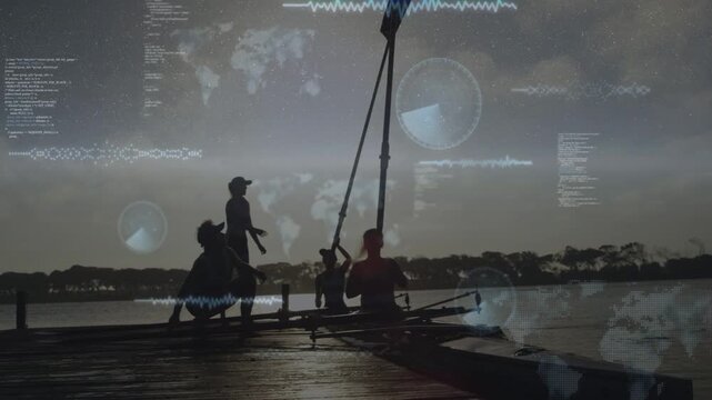 Four rowers reacting to standing teammate pointing, prepping shell launch from dock with HUD to row