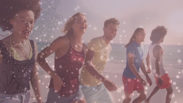 Six friends walking beach marketing clip, chatting sparking playful kicks as lace bokeh softening