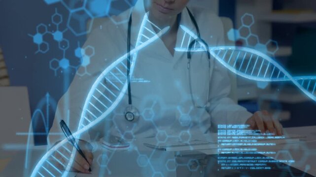 Female doctor writing paperwork while tapping tablet, initiating sliding DNA helix and hexagons