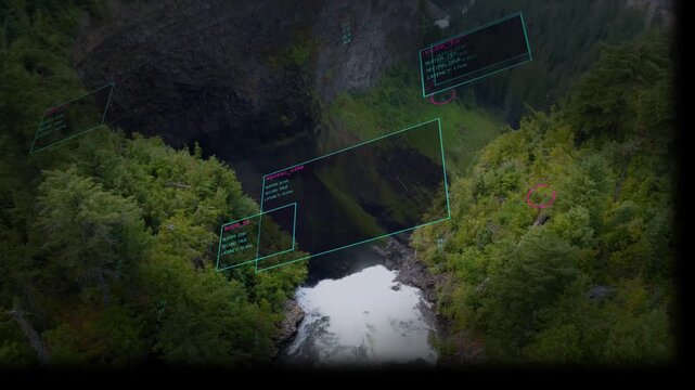 Camera descending over canyon waterfall receiving cyan holo panels shifting aligning for mapping