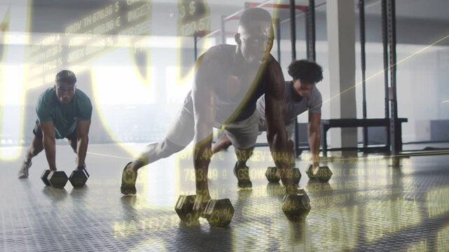 Lead man starting plank rows, leading crew pulling hex weights with data overlay over bodies health