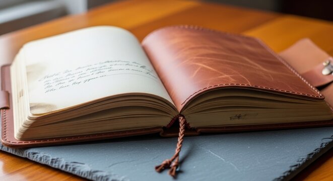 A Hand-stitched Leather Journal Resting Open on a Table, Inviting Writing and Creative Expression