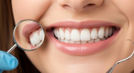 Fototapeta premium Close-up of a bright, healthy smile being examined with dental tools