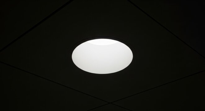A single bright, circular light fixture illuminates a matte black ceiling with a subtle grid pattern.