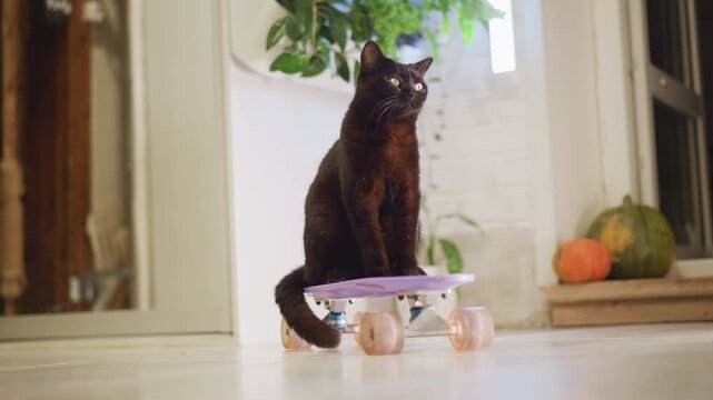 Black cat on skateboard near window sill, attentive profile facing light, pumpkins on floor suggest autumn mood, watchful pet patrolling kitchen threshold, warm glow and rustic decor, poised movement