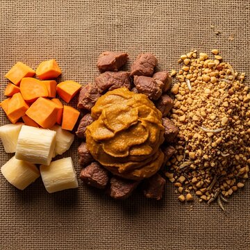 Overhead rustic shot of raw beef cubes with peanut sauce, pumpkin cubes, cassava, whole peanuts, and dried fish on burlap.