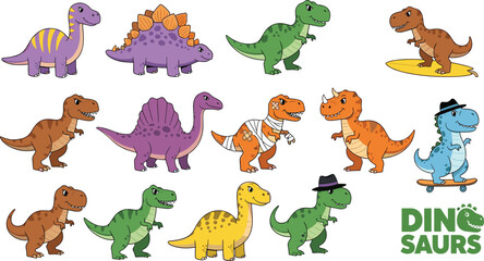 Cute Cartoon Dinosaur Characters Collection with Various Species and Funny Styles, Colorful Prehistoric Animals for Kids Illustration, Mascots, and Sticker Design © Minara