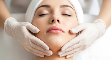 Naklejka premium Close-up of a woman receiving a facial massage, eyes closed, with gloved hands around face