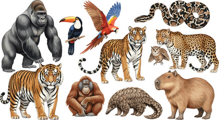 Obraz premium Realistic Wild Animals Collection with Tiger, Gorilla, Leopard, Parrot, Snake, Owl, Capybara, and Pangolin, Detailed Wildlife Illustration Set for Nature Design