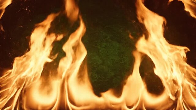Vibrant orange flames engulfing green background.